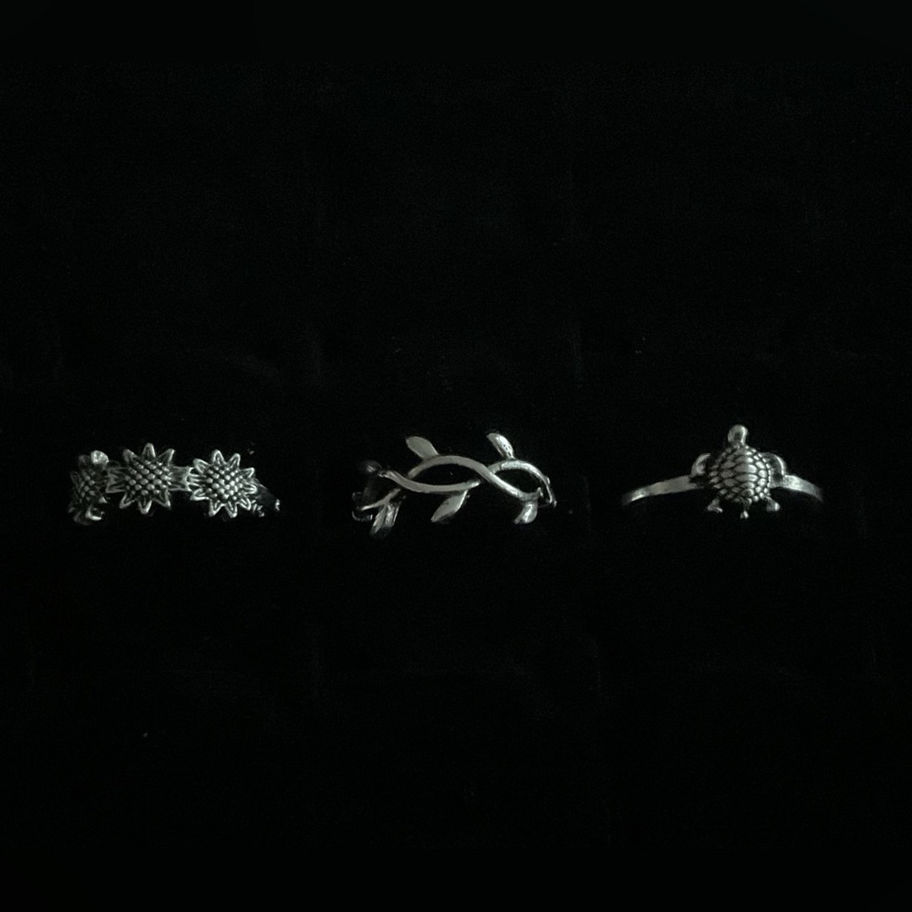 New x3 Silver Tone Rings Turtle Flowers Nature Boho Trendy Fashion Set Size 5/6 - Picture 1 of 7
